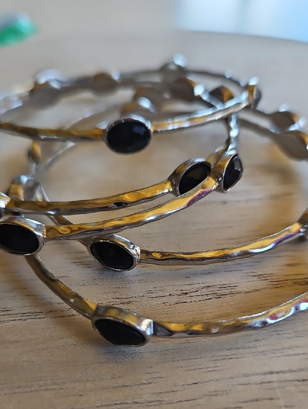 Stackable Silver-Tone Bracelets with Black Faceted Faux Gemstones Set Of 5 - Picture 4 of 4